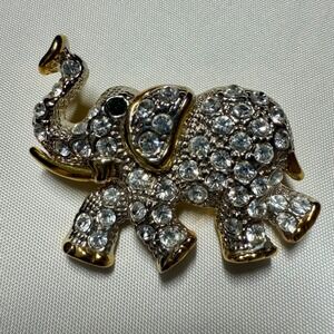 Vintage Rhinestone Elephant Brooch Gold Tone Clear Crystal Figural Pin Green Eye